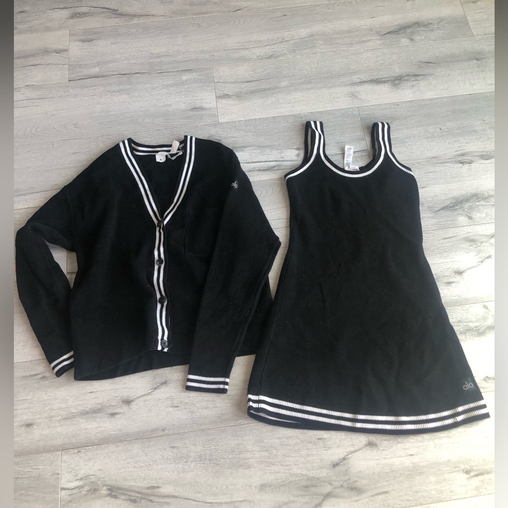 ALO Black Knit Tank Dress with Matching Cardigan Set